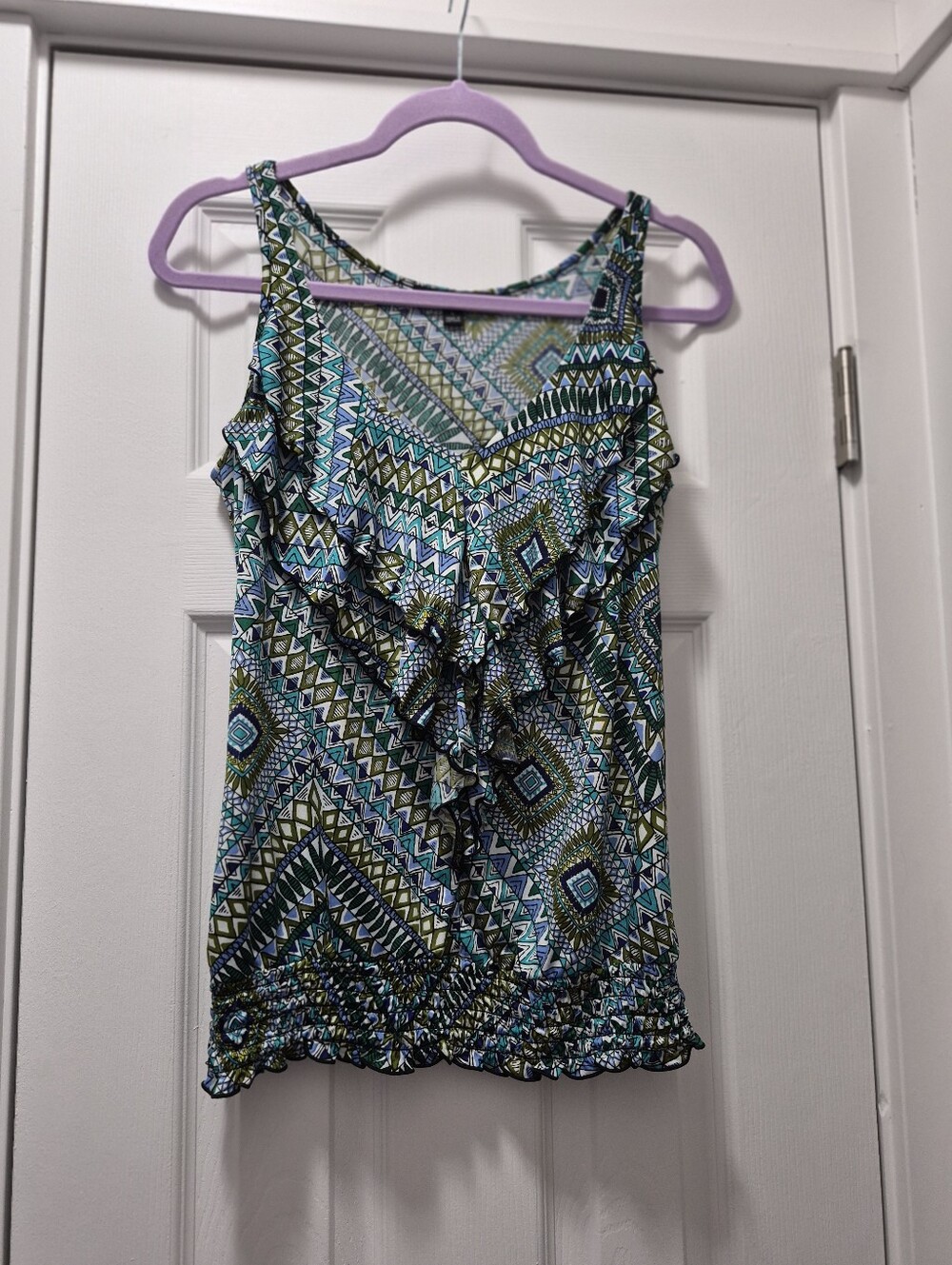 HeartSoul Printed Ruffle V-Neck Tank Top in Blue and Green